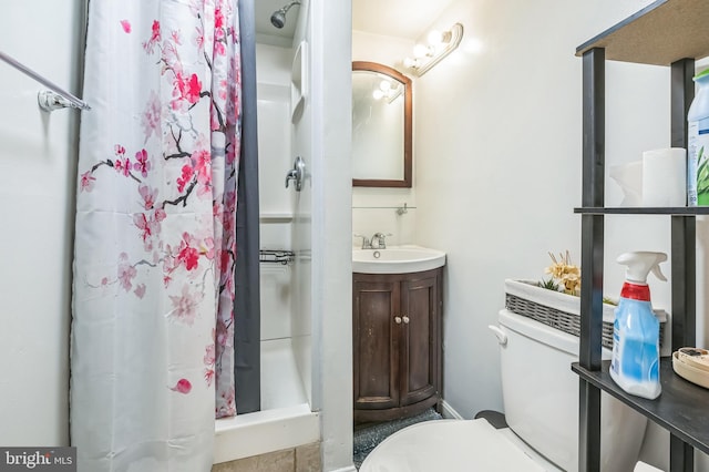 full bath featuring vanity, a shower stall, and toilet