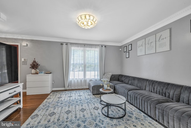 living area featuring dark wood finished floors, baseboards, and ornamental molding