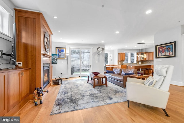 living room with a glass covered fireplace, plenty of natural light, and light wood-type flooring