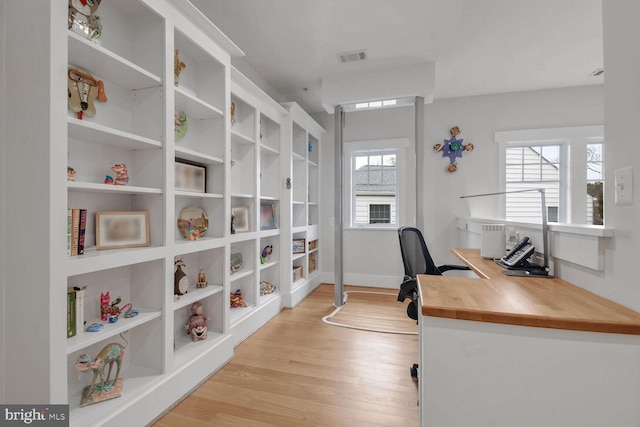 office with visible vents, baseboards, and light wood finished floors