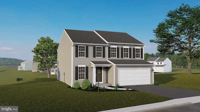 view of front of house featuring a garage, concrete driveway, and a front lawn