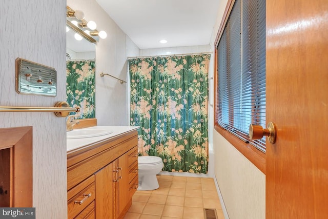 99 N Lakeshore, Manahawkin, NJ 08050 - full bathroom with vanity, shower / bathtub combination with curtain, visible vents, tile patterned floors, and toilet
