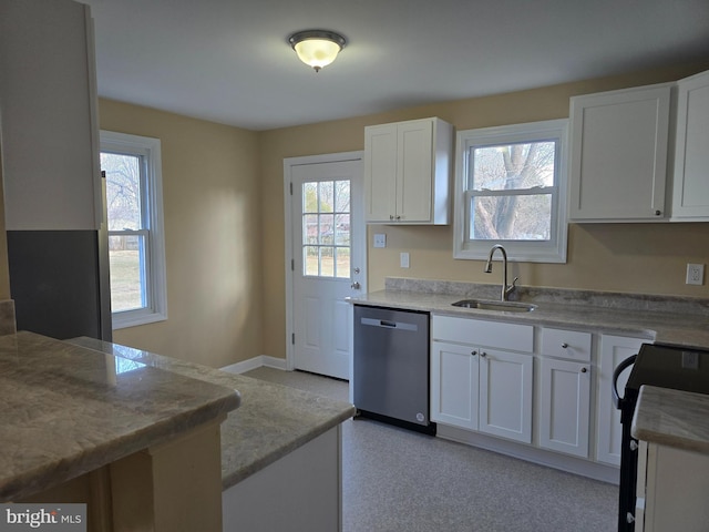 kitchen featuring baseboards, white cabinetry, a sink, black range with electric stovetop, and dishwasher