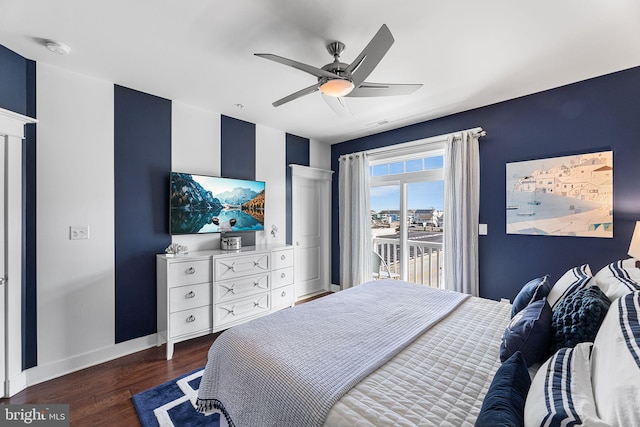 bedroom with access to exterior, a ceiling fan, baseboards, and dark wood-style flooring