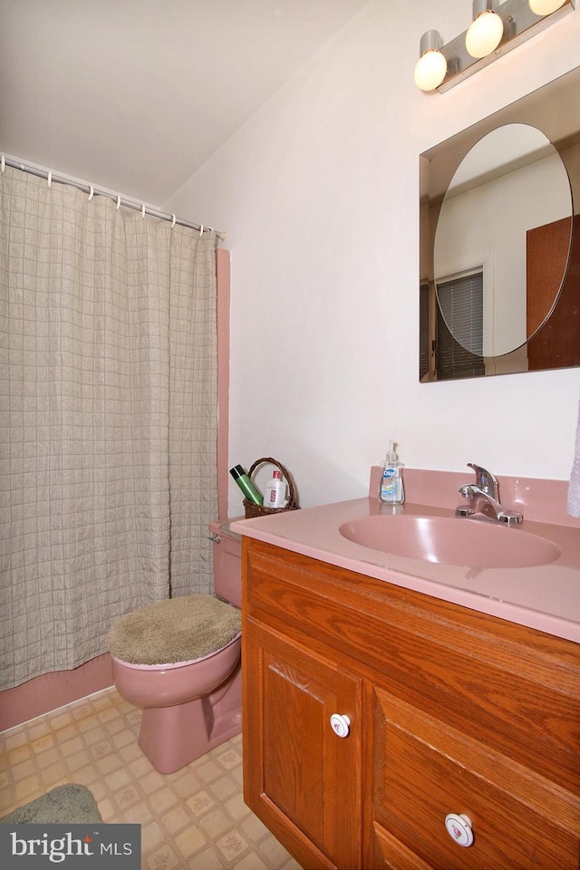 full bath with vanity, tile patterned floors, toilet, and a shower with shower curtain