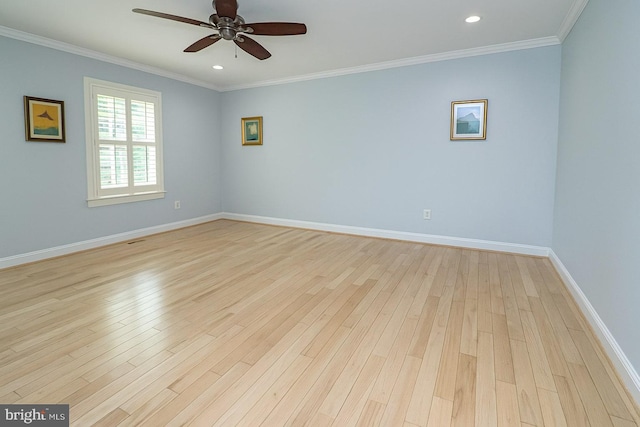 unfurnished room featuring baseboards, a ceiling fan, light wood finished floors, and recessed lighting