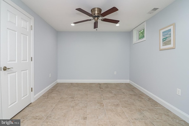 unfurnished room featuring visible vents, recessed lighting, baseboards, and ceiling fan