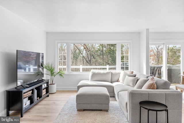 living area with plenty of natural light, baseboards, and light wood-style floors