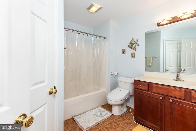 full bathroom featuring visible vents, toilet, tile patterned floors, vanity, and shower / bathtub combination with curtain