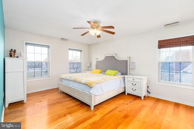 bedroom featuring visible vents, baseboards, a ceiling fan, and light wood finished floors