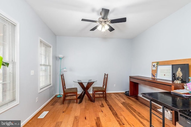 dining room with visible vents, baseboards, ceiling fan, and light wood finished floors