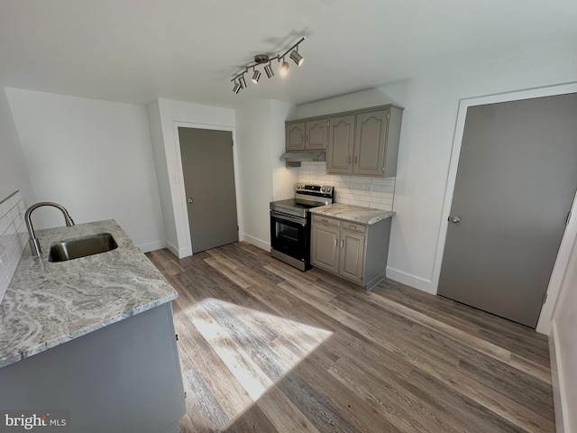 kitchen featuring wood finished floors, gray cabinets, a sink, electric stove, and backsplash