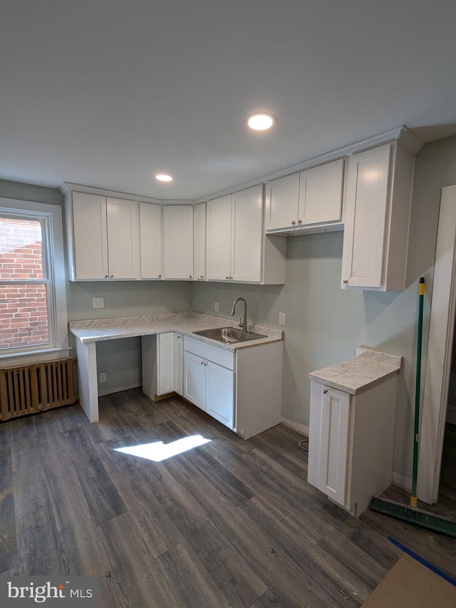 kitchen featuring white cabinetry, radiator heating unit, dark wood-style flooring, and a sink