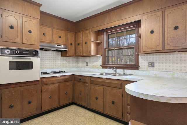 13360 Fredericksburg Tpke, Woodford, VA 22580 - kitchen featuring light countertops, oven, under cabinet range hood, a sink, and stovetop