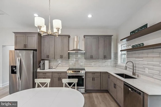 kitchen featuring wall chimney range hood, light countertops, decorative backsplash, stainless steel appliances, and a sink