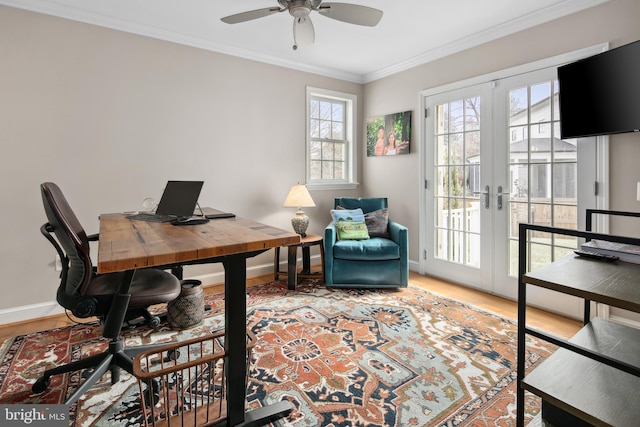 office with wood finished floors, baseboards, ceiling fan, french doors, and crown molding