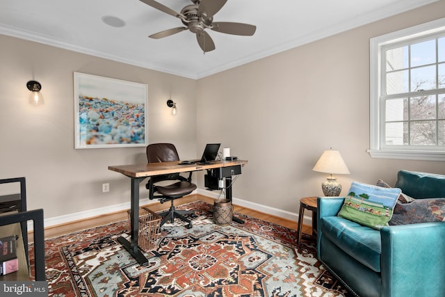 office space with ornamental molding, a ceiling fan, baseboards, and wood finished floors