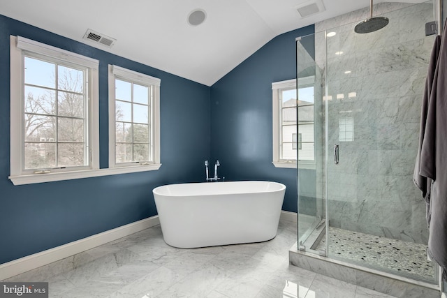 full bathroom featuring a marble finish shower, visible vents, marble finish floor, and vaulted ceiling