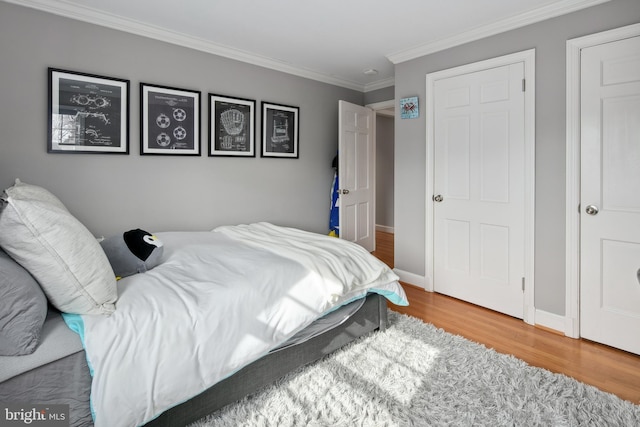 bedroom with wood finished floors, baseboards, and ornamental molding