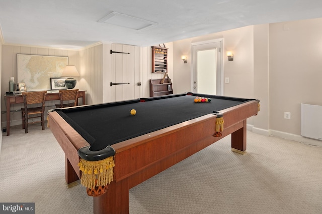 playroom featuring pool table, attic access, baseboards, and light carpet