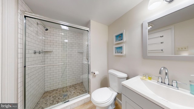 bathroom featuring vanity, toilet, and a shower stall