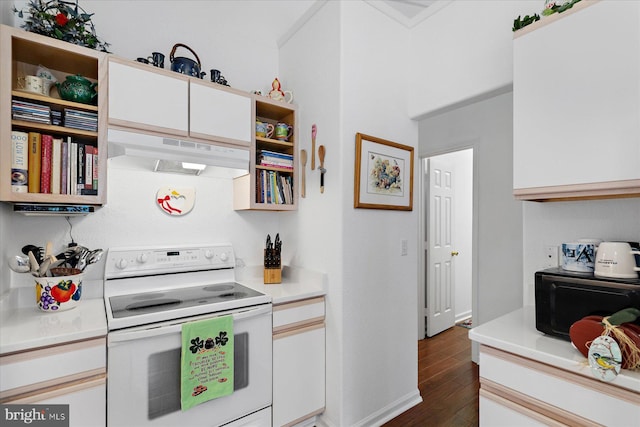 kitchen featuring under cabinet range hood, open shelves, light countertops, and white electric range oven