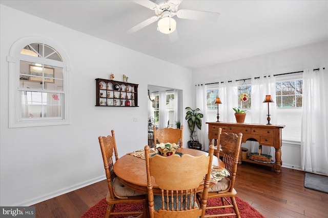 dining space featuring baseboards, ceiling fan, and hardwood / wood-style flooring