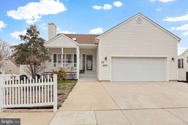 view of front of property with fence, a porch, a chimney, driveway, and an attached garage