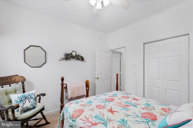 bedroom featuring a closet, baseboards, carpet, and ceiling fan