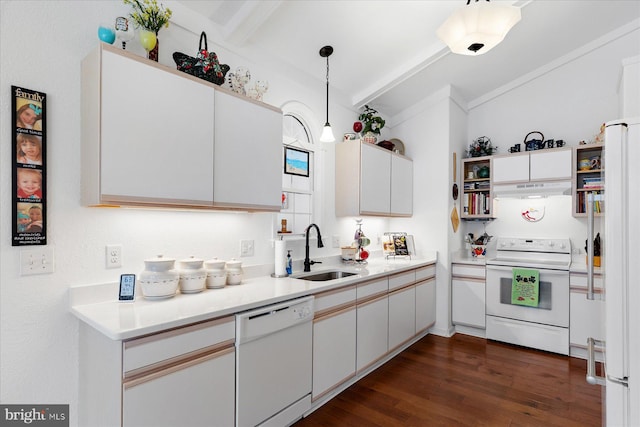 kitchen with white appliances, open shelves, a sink, dark wood-type flooring, and under cabinet range hood