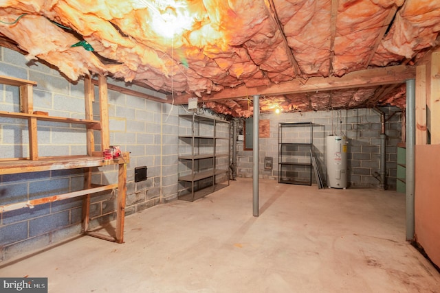 unfinished basement with electric panel and electric water heater