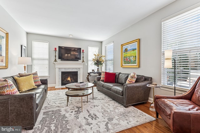 living room featuring a fireplace with flush hearth, wood finished floors, and baseboards