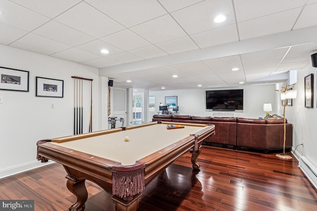 playroom featuring dark wood finished floors, baseboard heating, billiards, and baseboards