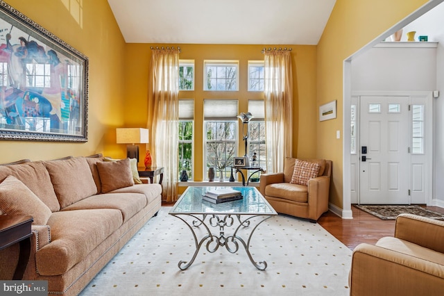 living area with baseboards, high vaulted ceiling, and wood finished floors