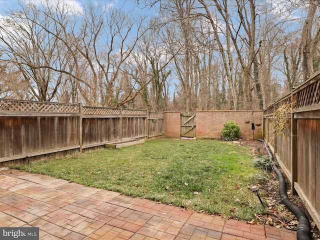 view of yard featuring a patio, a gate, and a fenced backyard