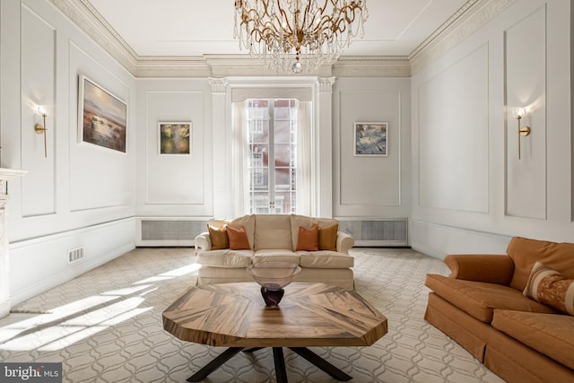 interior space featuring visible vents, ornamental molding, and a decorative wall