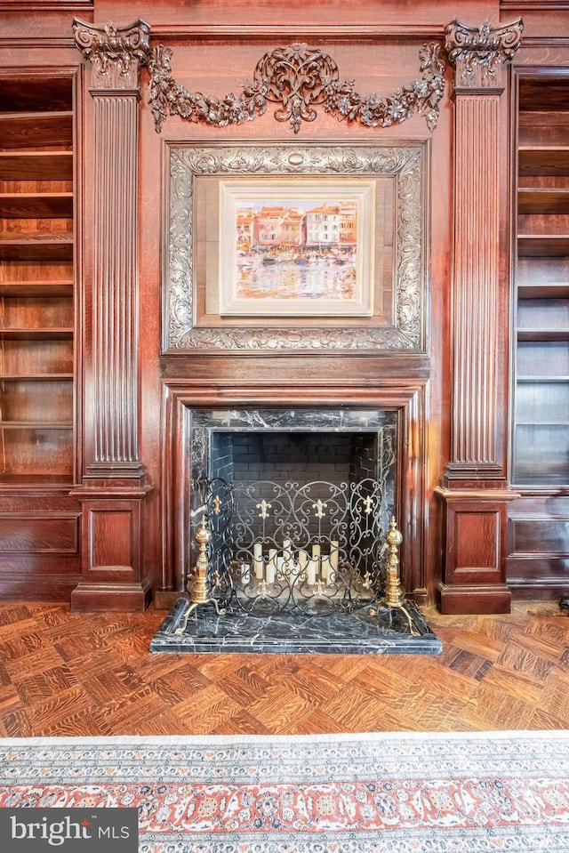 interior details with a premium fireplace