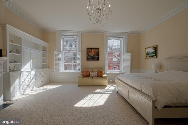 bedroom featuring a notable chandelier, carpet flooring, and ornamental molding