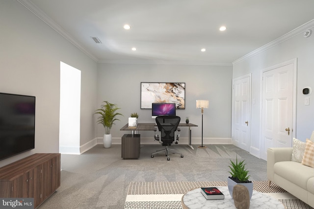 carpeted home office featuring recessed lighting, visible vents, baseboards, and ornamental molding