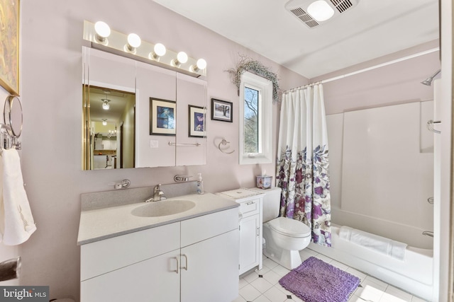 full bath with visible vents, toilet, tile patterned floors, vanity, and shower / bathtub combination with curtain