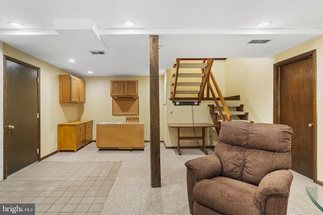 interior space with visible vents, recessed lighting, stairs, and baseboards