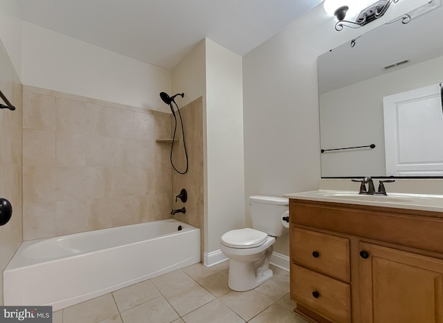 bathroom featuring vanity, shower / washtub combination, toilet, tile patterned flooring, and visible vents