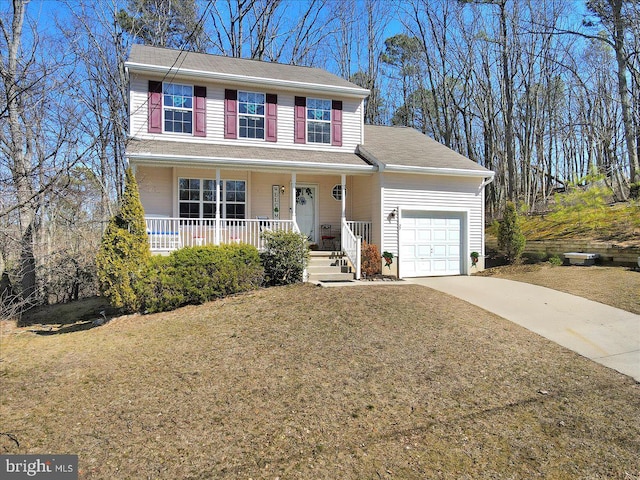 traditional-style house featuring a garage, a porch, concrete driveway, and a front lawn