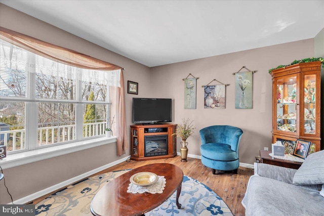 living room with a glass covered fireplace, baseboards, and wood finished floors