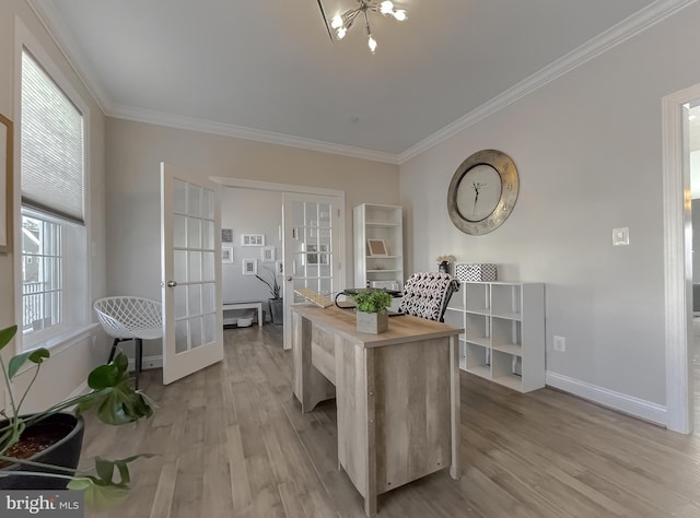 home office featuring french doors, ornamental molding, and light wood-style flooring