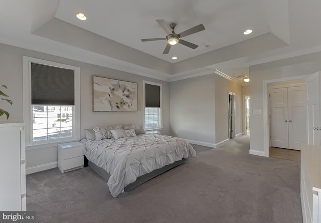 bedroom featuring a tray ceiling, multiple windows, and carpet flooring