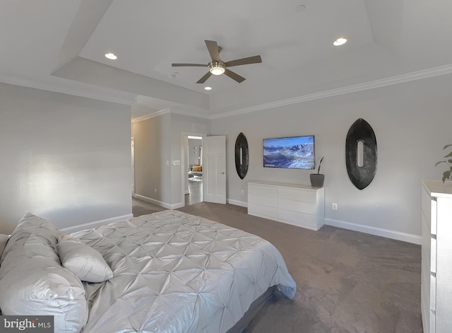 carpeted bedroom with recessed lighting, baseboards, a raised ceiling, and crown molding