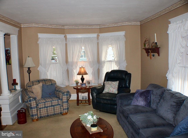 carpeted living area featuring baseboard heating, crown molding, and ornate columns