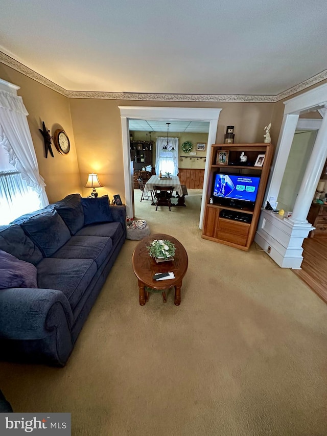 living room featuring decorative columns and light colored carpet