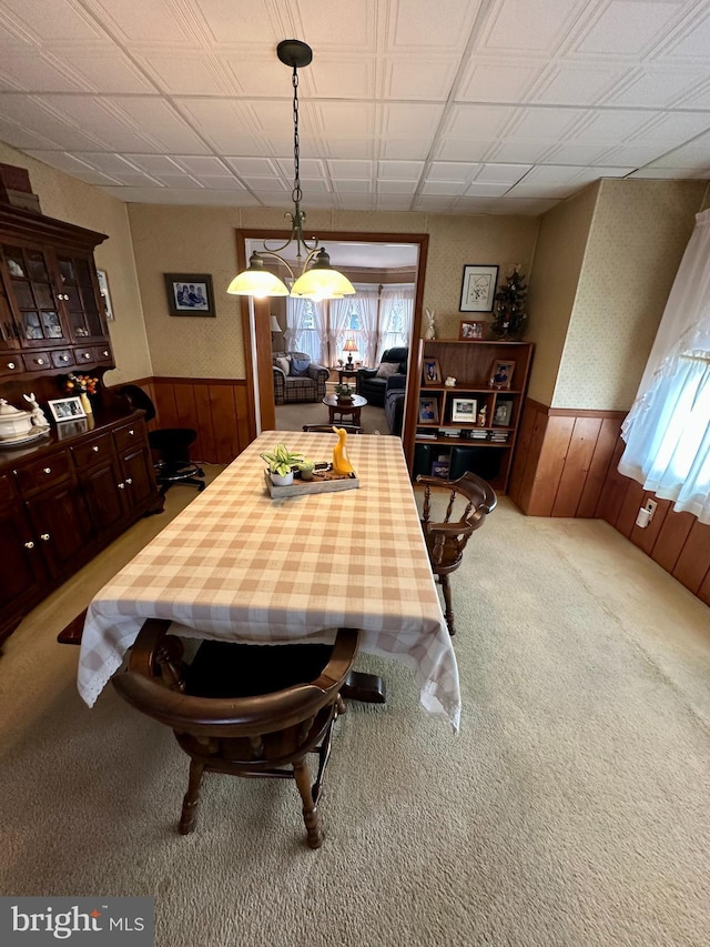 carpeted dining area featuring a wainscoted wall and wood walls